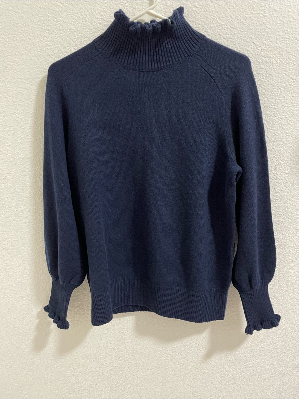 Rebecca Taylor Navy Ruffle Turtleneck merino wool blend Sweater